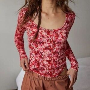 IMTIMATELY FREE PEOPLE Coffee Club Floral Scoop Neck Long Sleeve Top Large